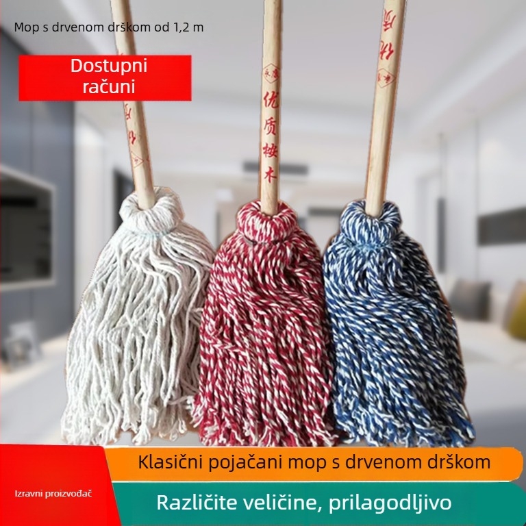 Kućni mop od 100% pamuka s drvenom drškom, tradicionalan jednostavan dizajn, produžena i veća glava, без ispada vlakana.