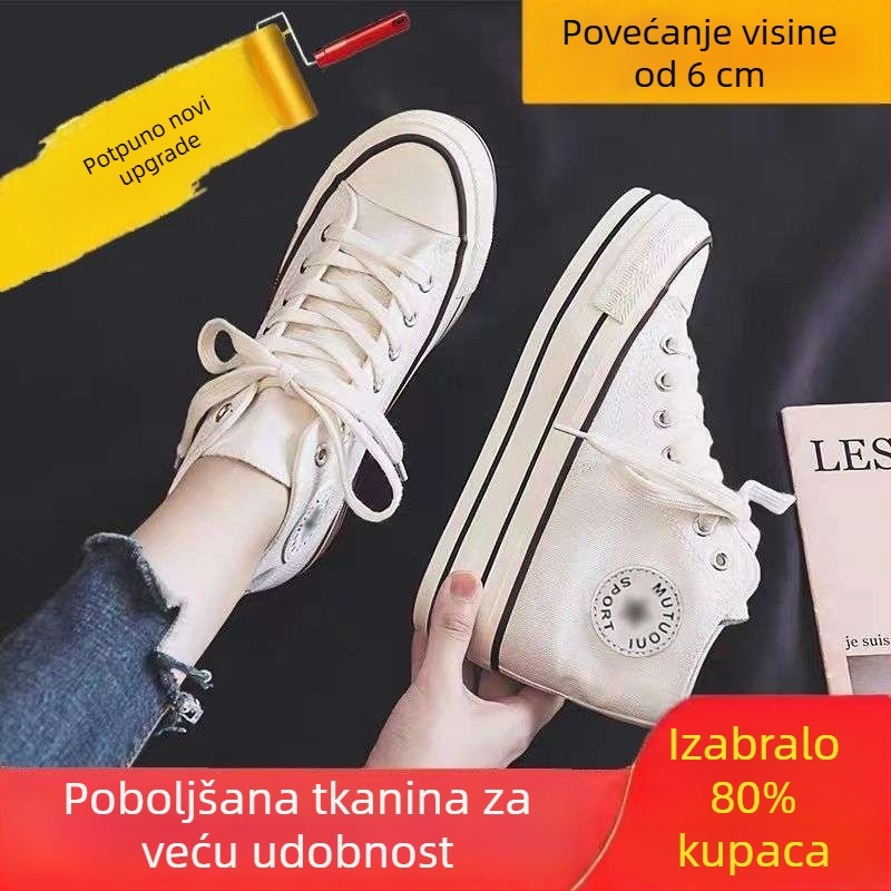 Ženske platnene tenisice s debelim potplatom i unutarnjim podizanjem od 6 cm, korejskog stila, bijele, svestrane