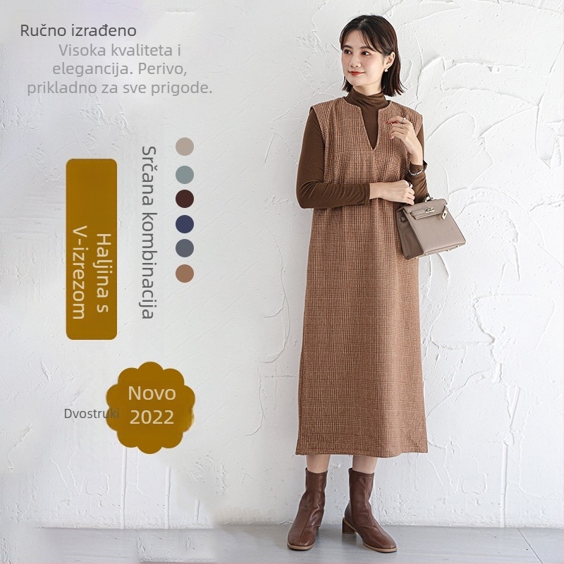 Vintage vunena karirana haljina s trakama u Hepburn stilu, A-linija, duga, bez rukava, jesen-zima