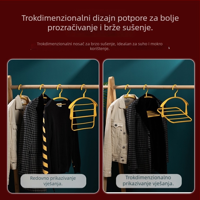 Višenamjenska vješalica za odjeću i obuću s rotirajućim sustavom za brzo sušenje, široka i čvrsta ramena te obostrani držač za odjeću.