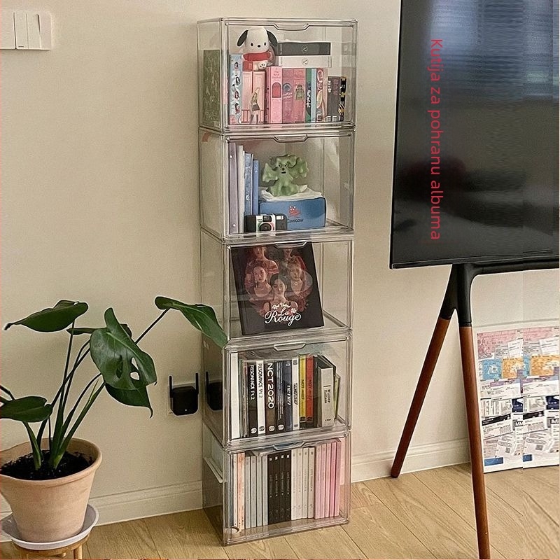Prozirna kutija od prozirnog akrila za albume, knjige, CD-ove i ploče – stolni prikazni stalak s uzorkom drveta, kapacitet 18 L
