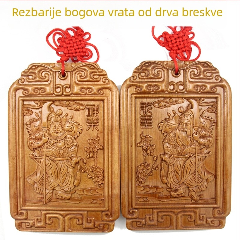Privjesak od drveta breskve s motivima Shentu i Yulei – ukrasna drvena rezba za dom