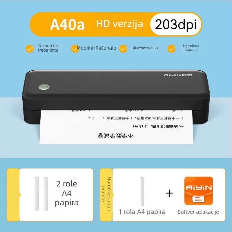Qirui A40a prenosni kućni termalni pisač, malen i kompaktan, bežična povezanost s mobitelom, pogodan za školske zadatke i obiteljsku upotrebu