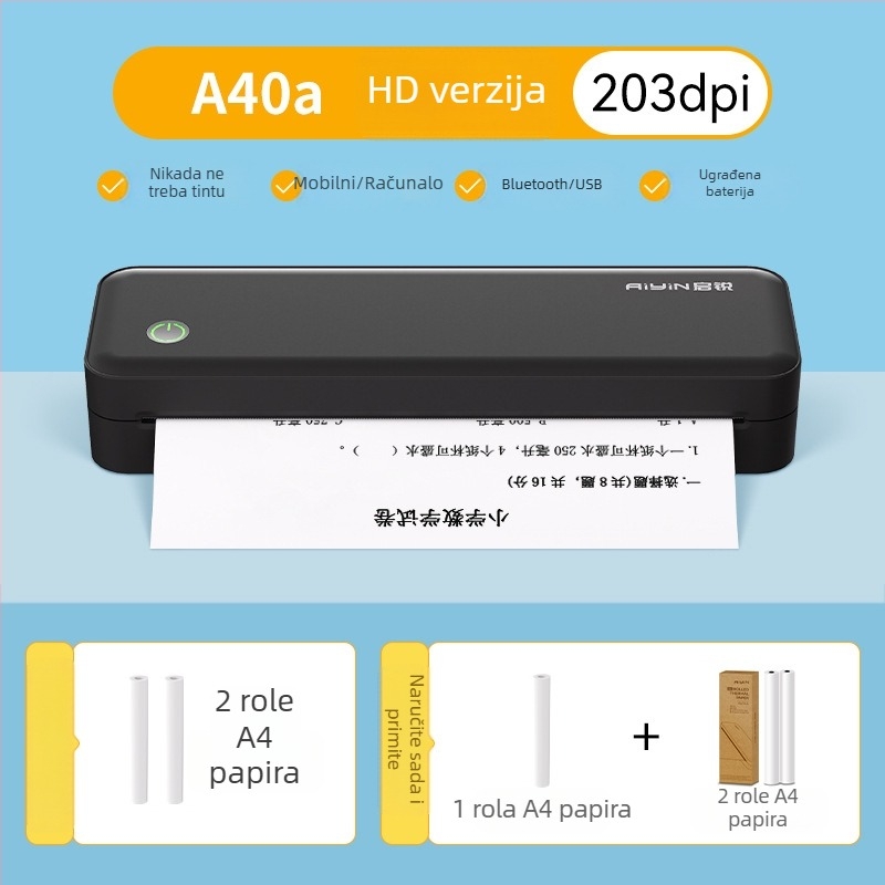 Qirui A40a prenosni kućni termalni pisač, malen i kompaktan, bežična povezanost s mobitelom, pogodan za školske zadatke i obiteljsku upotrebu