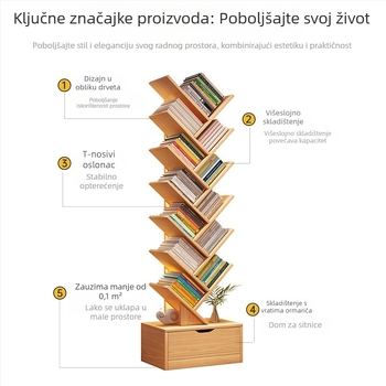 Drveni stalak za knjige na podu, u obliku drveta, višeslojni skladišni regál za dom, dnevni boravak ili spavaću sobu