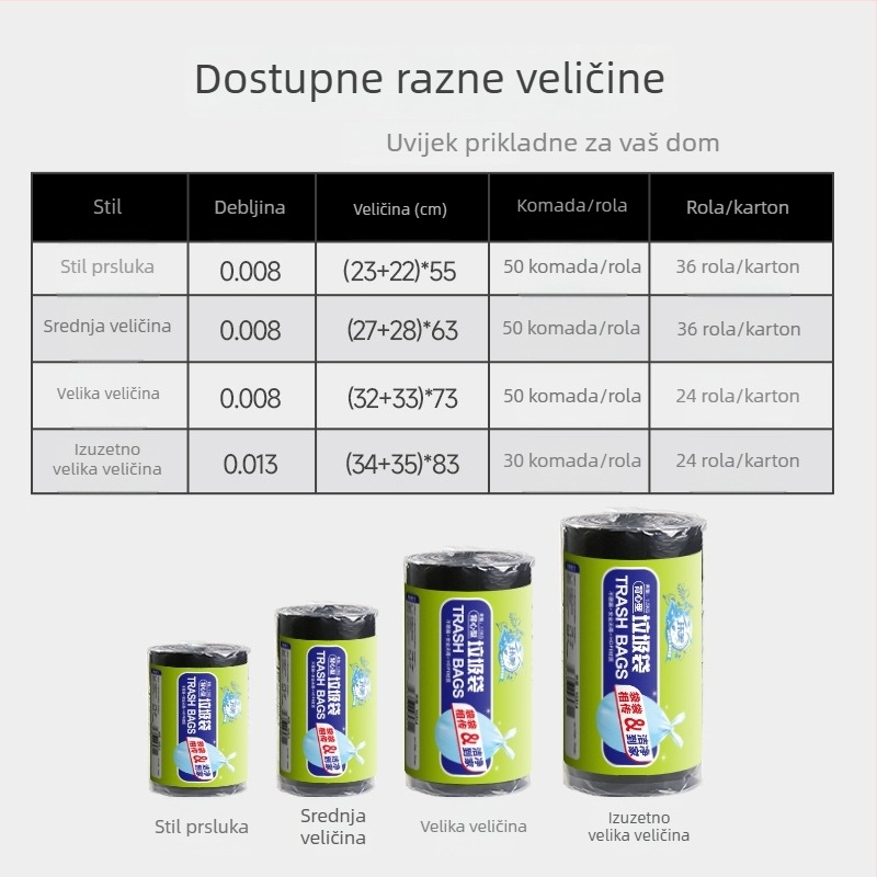 Perforirane crne debele vreće za kućno smeće, prsljaj-stil, ravni otvor, ravno dno, pakiranje u roli