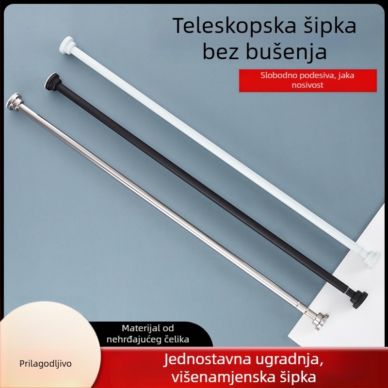 Prilagodljiva nehrđajuća čelična teleskopska šipka za zavjesu za tuširanje – višestruka primjena, bez bušenja, za kupaonicu, vrata, sušenje odjeće i spavaću sobu
