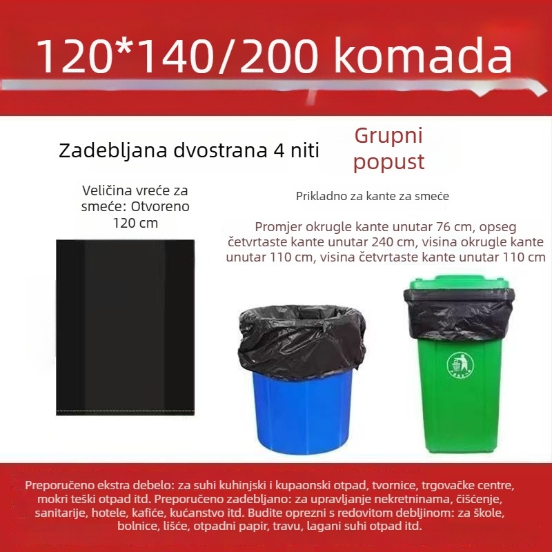 Ekstra debele crne vreće za smeće velike veličine za upravljanje nekretninama, hotele i komercijalnu upotrebu, sanitarni i kuhinjski namjeni, ravni otvor
