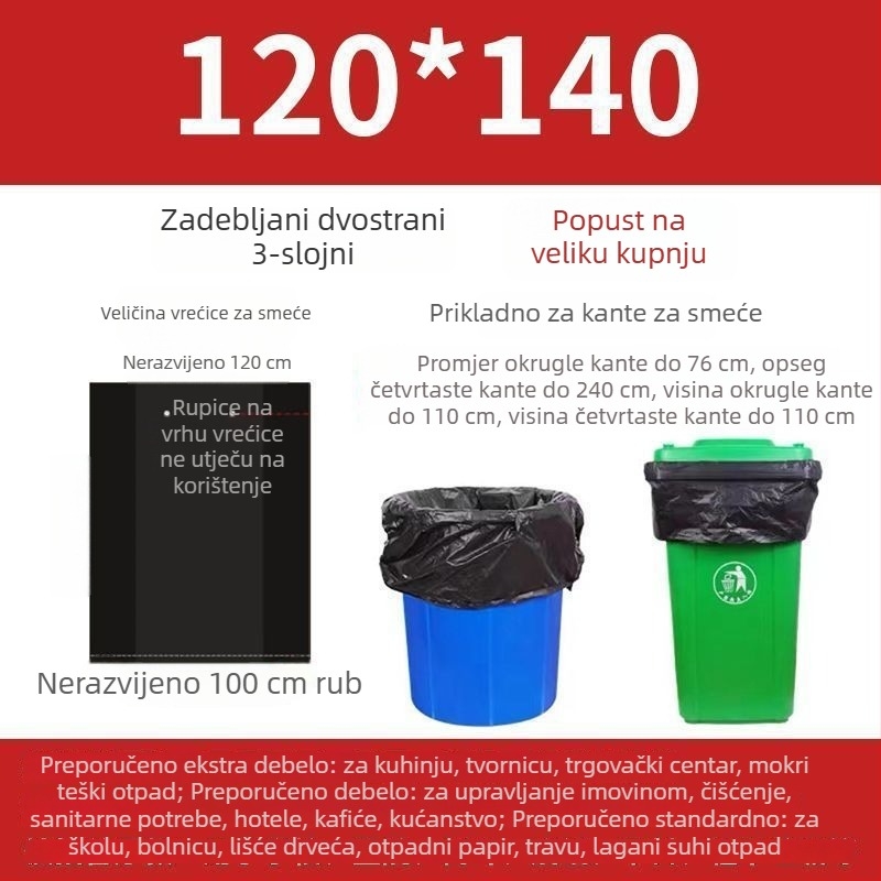 Ekstra debele crne vreće za smeće velike veličine za upravljanje nekretninama, hotele i komercijalnu upotrebu, sanitarni i kuhinjski namjeni, ravni otvor