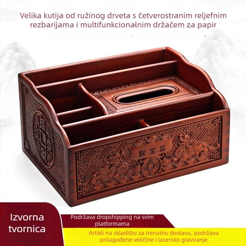 Drvena višenamjenska kutija za salvete od ružinog drveta, četverostrano izrezbarena, za dnevni boravak, uz stol za kavu, s prostorom za daljinske upravljače