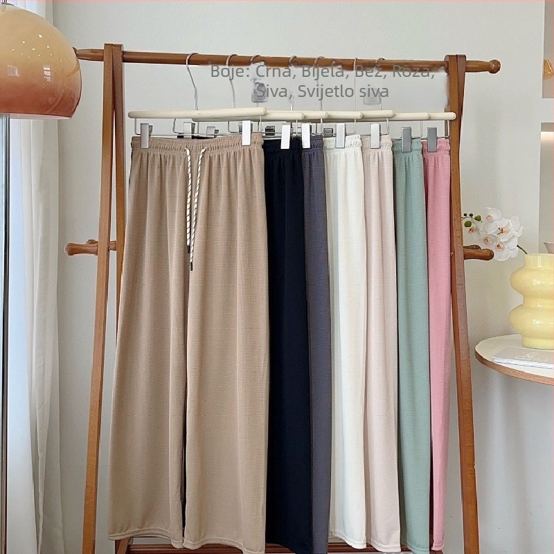 Ženske široke hlače s visokim strukom i šnirkama, ravni kroj, prozračne, minimalističkog i elegantnog stila