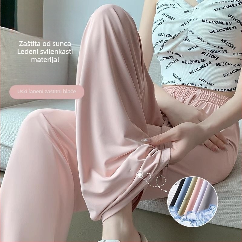 Ženske ice silk hlače s zaštitom od sunca, ljetne tanke, visoki struk, drapirane široke nogavice, sportsko-opuštene, prozračne, brzo suše