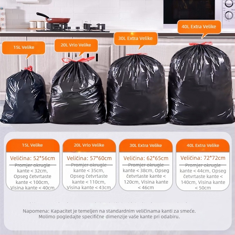 15-40 L ekstra velike vreće za smeće sa šnúrkom, za kućnu upotrebu, debeli, pogodne za kuhinju, kupaonicu, hotel i komercijalnu upotrebu, crne