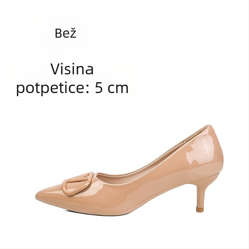 Nude lakirane ženske salonke – 2025 novi model, V kopča, oštri nos, stileto štikla, plitka vamp
