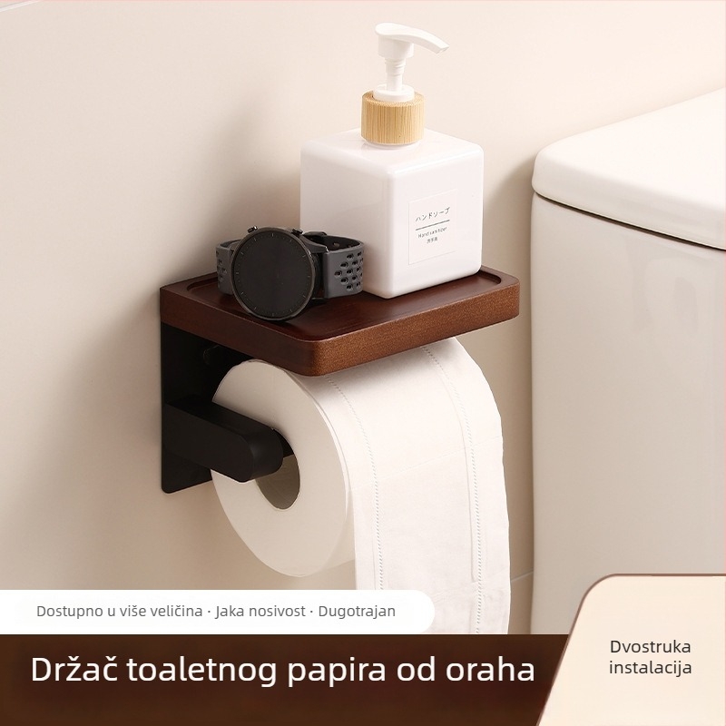 Kutija za maramice od orahova drveta, zidna montaža, držač rolne papira, kupaonica, prilagodljivo
