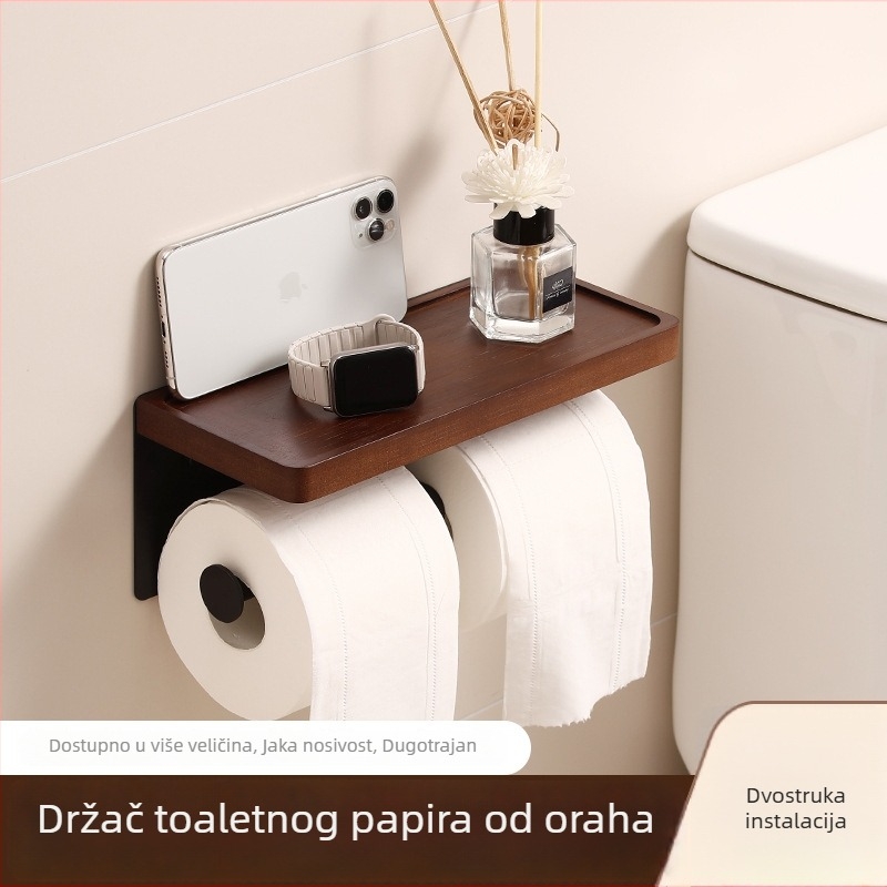 Kutija za maramice od orahova drveta, zidna montaža, držač rolne papira, kupaonica, prilagodljivo