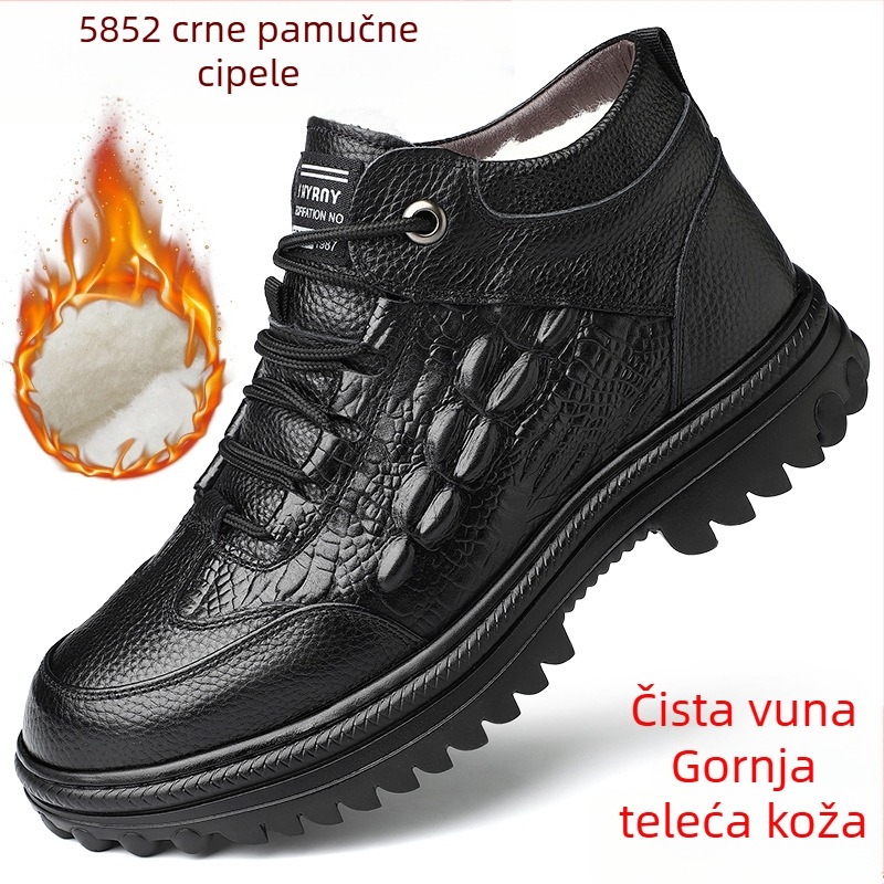 Muške zimske papuče od prve sloje teleće kože s vunenom podstavom, visokog profila, debele i tople, s uzorkom krokodila i vezama sprijeda