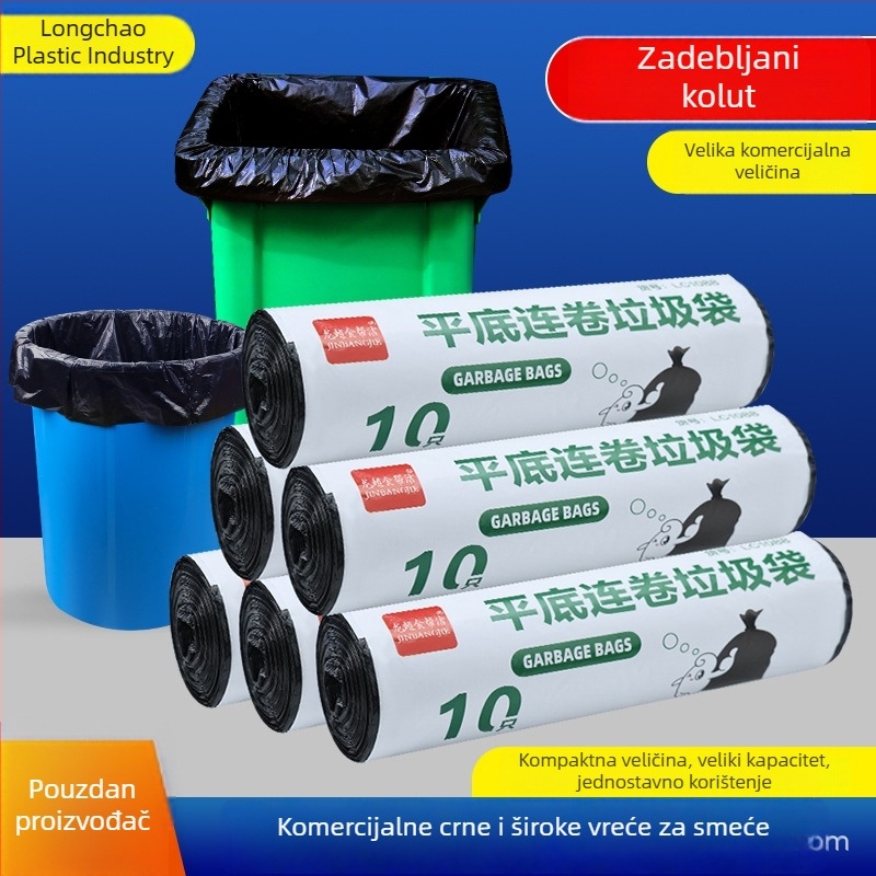 Crna jednokratna vrećica za otpad, u roli, s ravnim otvorom, velike veličine.
