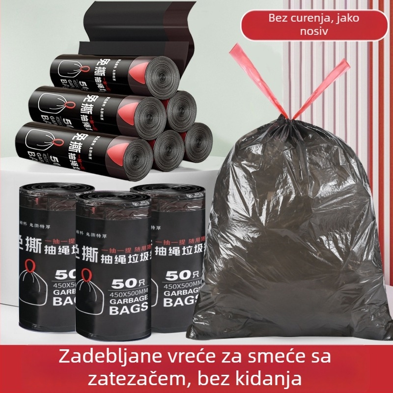 Vreće za smeće sa šnuralom, velike i debele, jednokratne plastične vreće za dom, ured i kuhinju – 100 rola