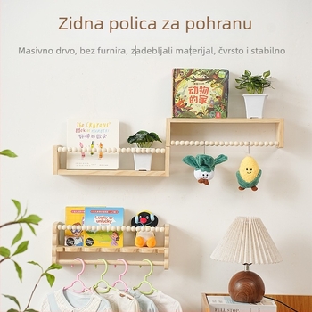 Zidni stalak od masivnog drveta za dječje slikovnice, regal s tri razine za odlaganje u dječjoj sobi.