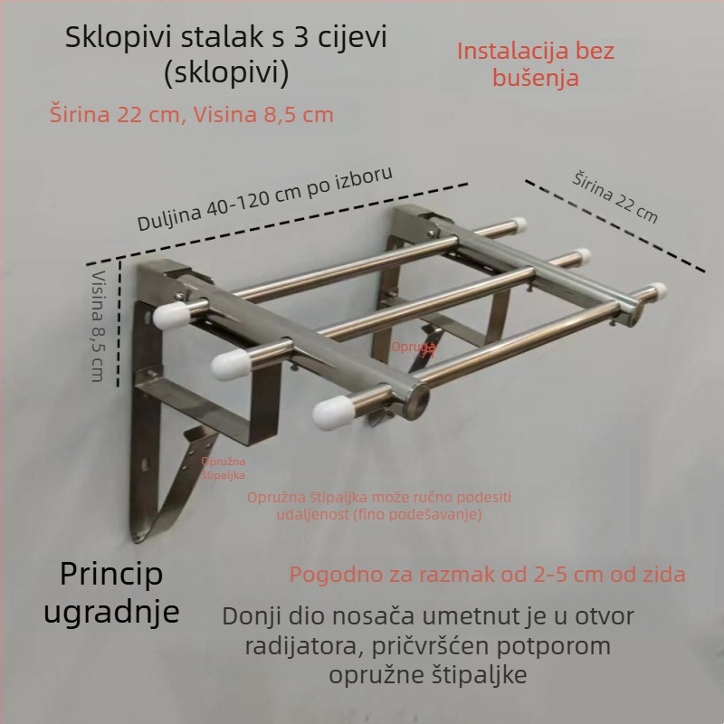 Sklopivi zidni nehrđajući čelični sušilo za odjeću s radijatorom i nosačem za ručnike