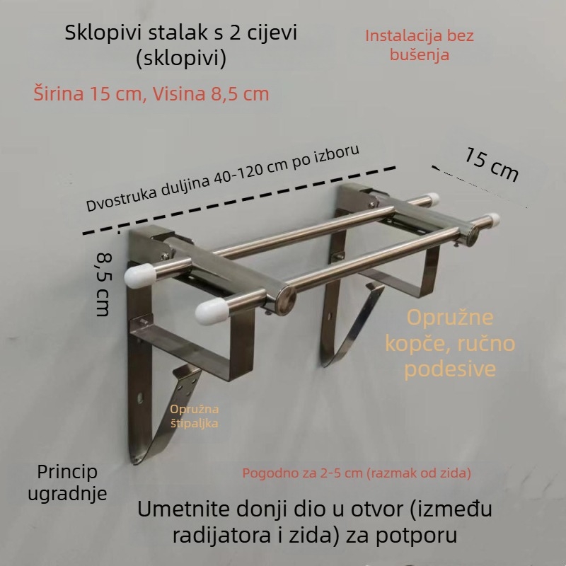 Sklopivi zidni nehrđajući čelični sušilo za odjeću s radijatorom i nosačem za ručnike