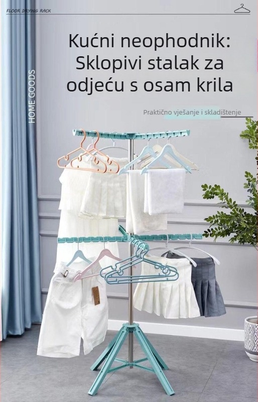 Stalak za sušenje s osmerokrilnim krilima, slobodno stojeći, sklopiv, višenamjenski za dječju odjeću i pelene