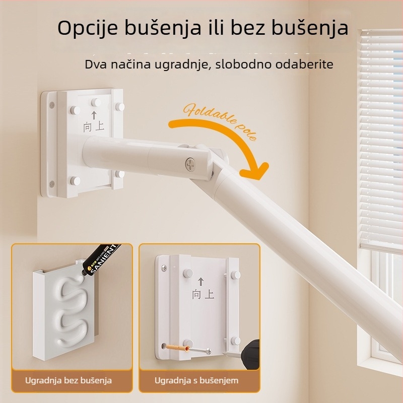 Jednostrano sklopiva teleskopska šipka za sušenje odjeće, bez bušenja ili s bušenjem, za erker prozor, od nehrđajućeg čelika, jedna šipka