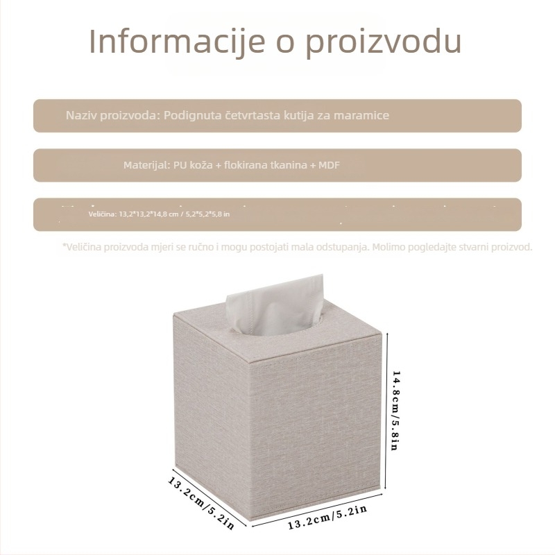 Kožna četvrtasta kutija za maramice – podignuta, moderni minimalistički stolni organizator za dom i dnevni boravak