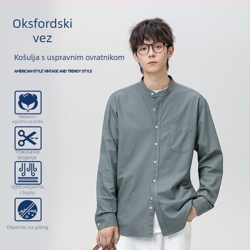 100% pamuk, oprana oksfordska tkanina, muška košulja sa stojećim ovratnikom, korejski stil, dugi rukav, model 2025, Henley ovratnik
