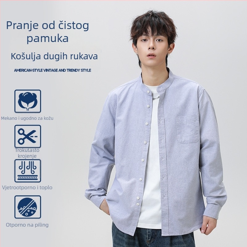100% pamuk, oprana oksfordska tkanina, muška košulja sa stojećim ovratnikom, korejski stil, dugi rukav, model 2025, Henley ovratnik