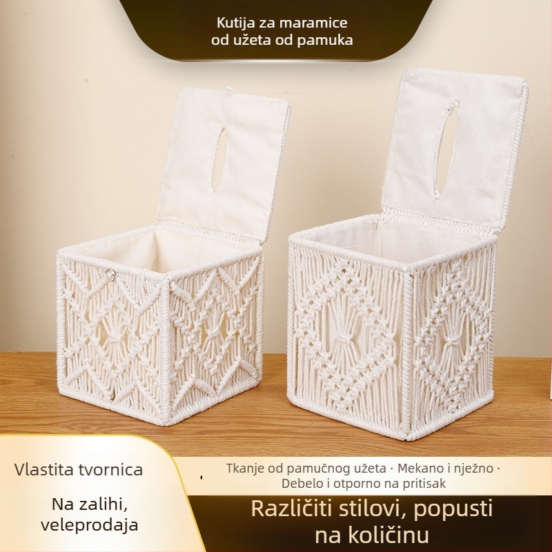 Ručna kutija za maramice od pamukovog užeta sa resicama, pleteni stolni organizator za skladištenje