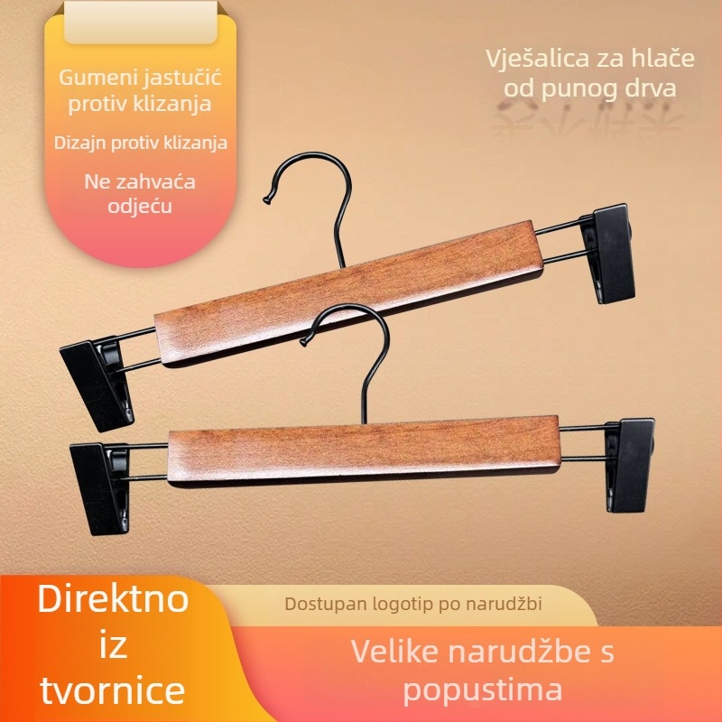 Drvena vješalica za hlače s klipsama, protivklizna, prilagodljiva, prirodna boja i crna, za odrasle i djecu