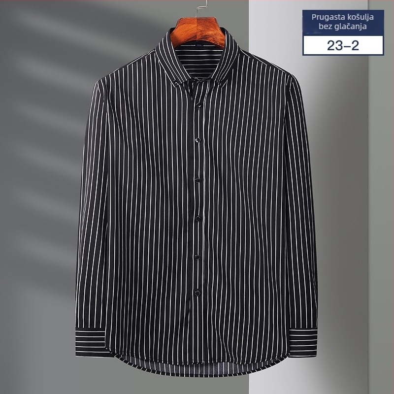 Košulja za proljeće i jesen s dugim rukavima, poslovno-opušten stil, vertikalne pruge, rastezljiva, bez glačanja, moderan slim fit za muškarce