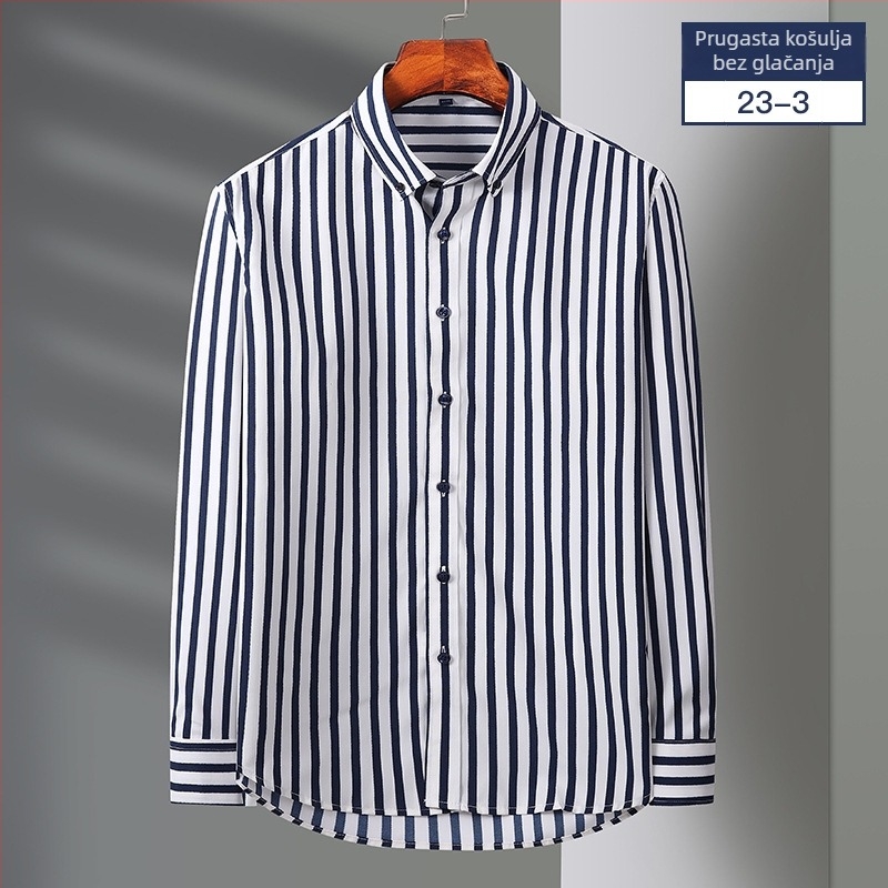 Košulja za proljeće i jesen s dugim rukavima, poslovno-opušten stil, vertikalne pruge, rastezljiva, bez glačanja, moderan slim fit za muškarce