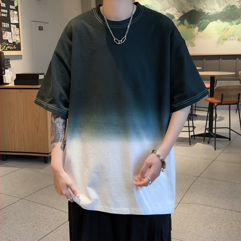 Muški T‑shirt kratkih rukava s gradijentnim dizajnom, hongkonški stil, blok boja, širok kroj