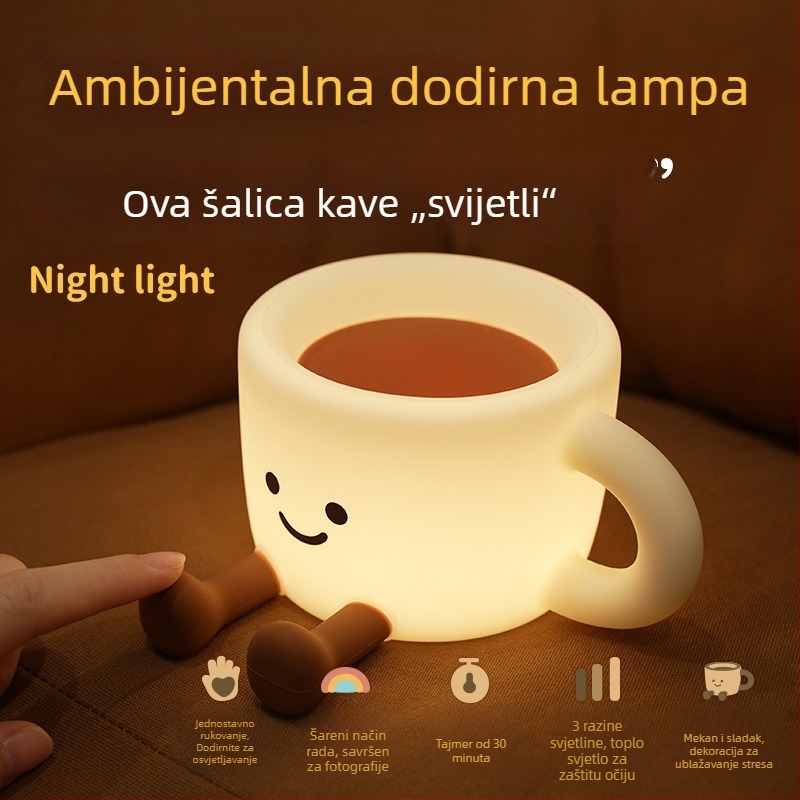 Cross-Mirror silikonska noćna svjetiljka u obliku šalice za kavu - šarena atmosfera, tajmer, noćna lampica na noćnom stolu s dodirnim upravljanjem, baterijsko napajanje