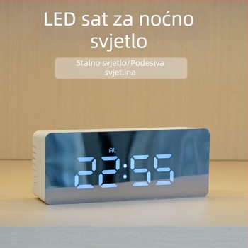 Višenamjenski LED ogledalo digitalni sat s budilicom — napajanje iz utičnice ili baterije, moder stolni dizajn