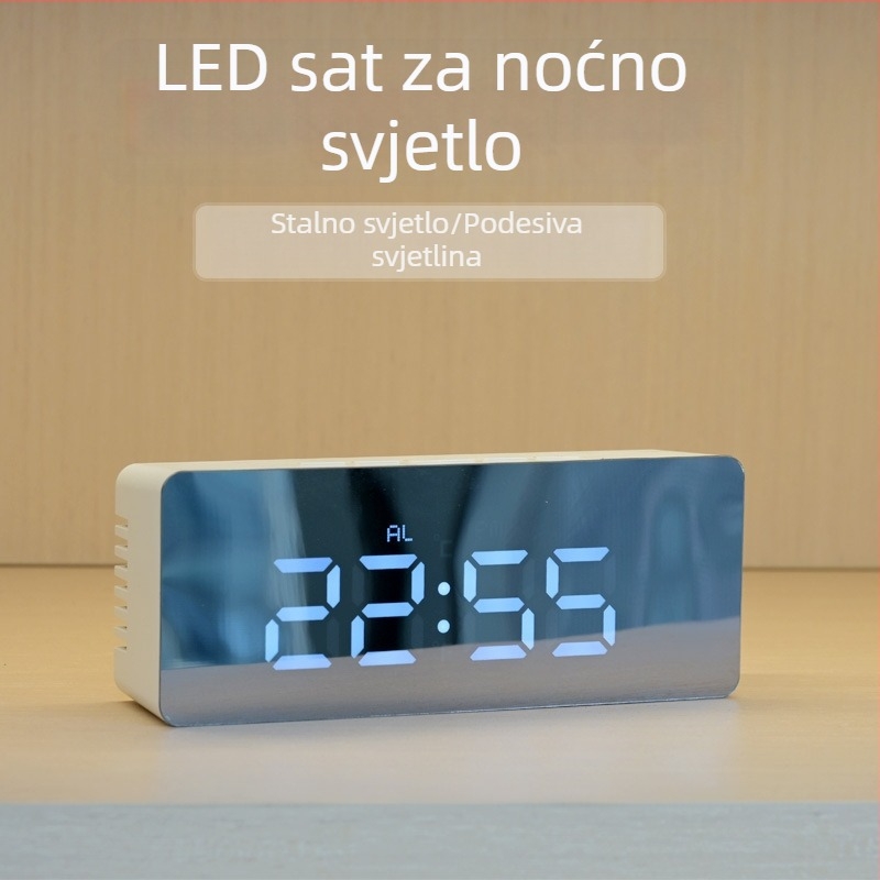 Višenamjenski LED ogledalo digitalni sat s budilicom — napajanje iz utičnice ili baterije, moder stolni dizajn