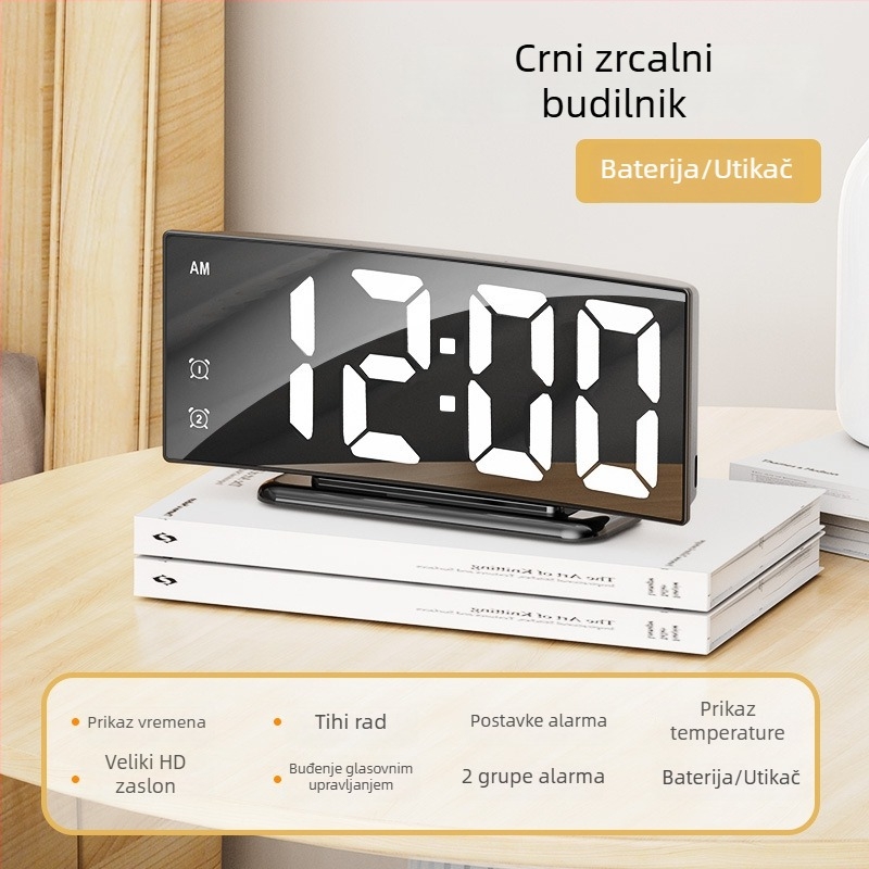 Zakrivljeni LED digitalni sat s velikim zaslonom i ogledalom, stolni budilnik s termometrom