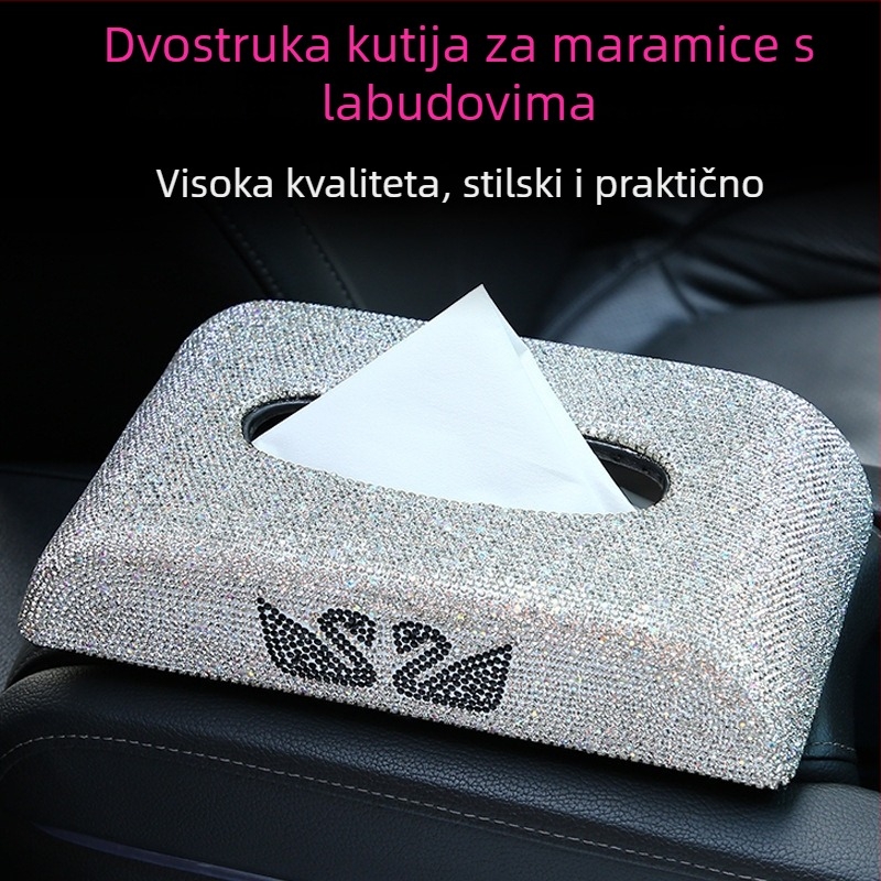 Automobilska kutija za maramice s dijamantima i motivom dviju labudica, dekorativni dodatak unutrašnjosti automobila