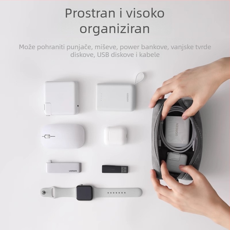 PU kockasta torbica za punjače i tehničke dodatke za putovanja, organizator za power banku, USB‑ memoriju, miša i kozmetiku