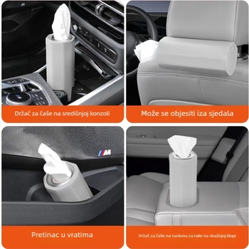 Cilindrična kutija za maramice za automobil, kožni interijer, montaža na stražnji dio naslona sjedala, dimenzije 17 × 7 cm