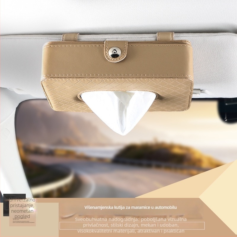 Kožna kutija za maramice za automobil, s kopčom za vizir za sunce i remenom za stražnji dio sjedala
