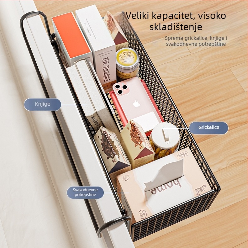 Dvoslojni visići organizator uz krevet u studentskoj sobi, bez bušenja, metalni.