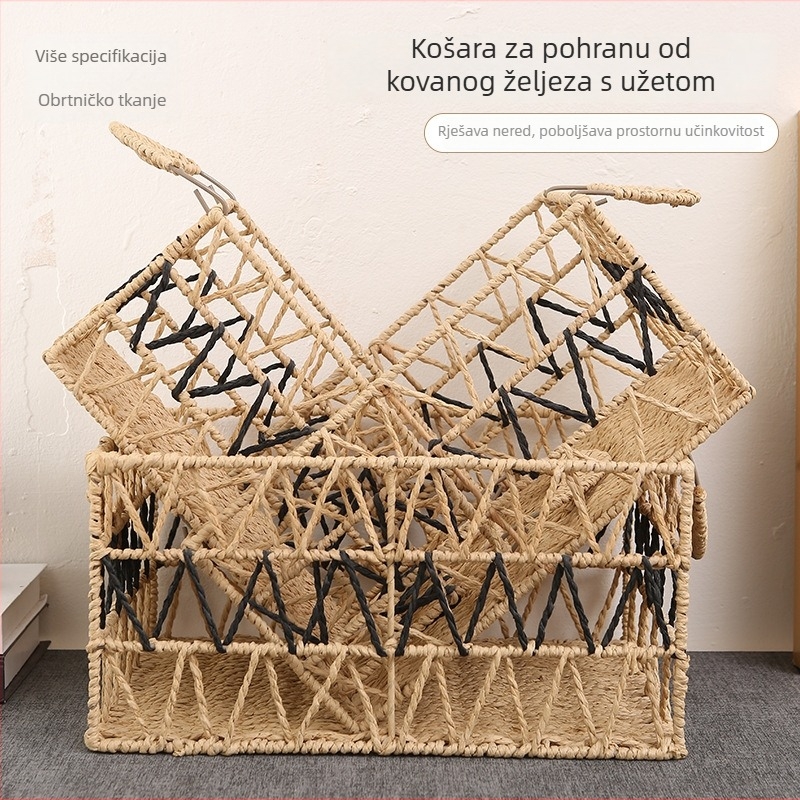 Prilagođeni moderni minimalistički koš za pohranu od kovanog željeza s užetom, za stolno korištenje, za knjige i časopise
