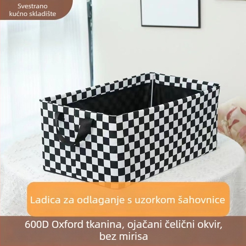 Kutija za pohranu s ladicom, karirani uzorak, nordijskog stila, sklopiva, velika kapaciteta, kvadratnog oblika