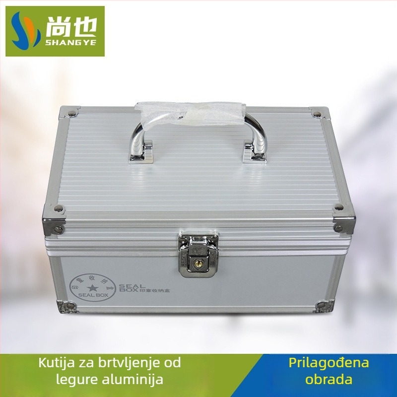 Kutija za pečate s ključem i pregradama za službene i financijske pečate, aluminijska legura, dimenzije 205×136×105 mm