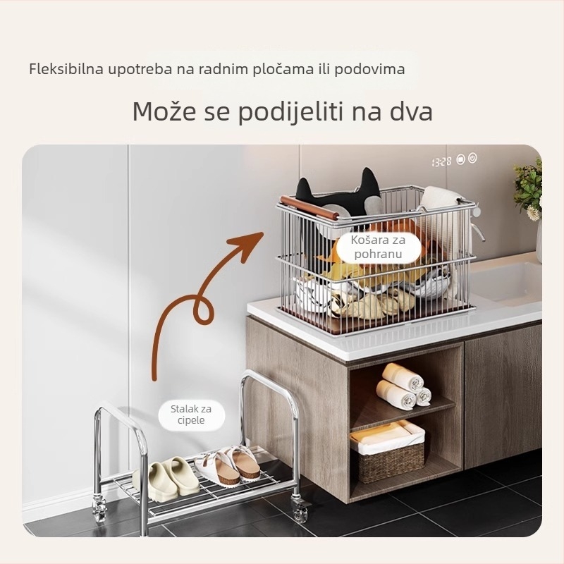 Dvostruka kolica za prljavu robu s regalom za pohranu, prijenosni kupaonski stalak, vintage stil