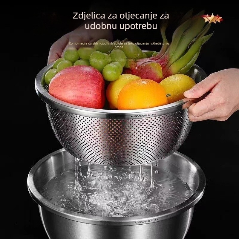 Kružna posuda od nehrđajućeg čelika s gustim otvorima – ispiranje riže, povrća i voća, okrugla